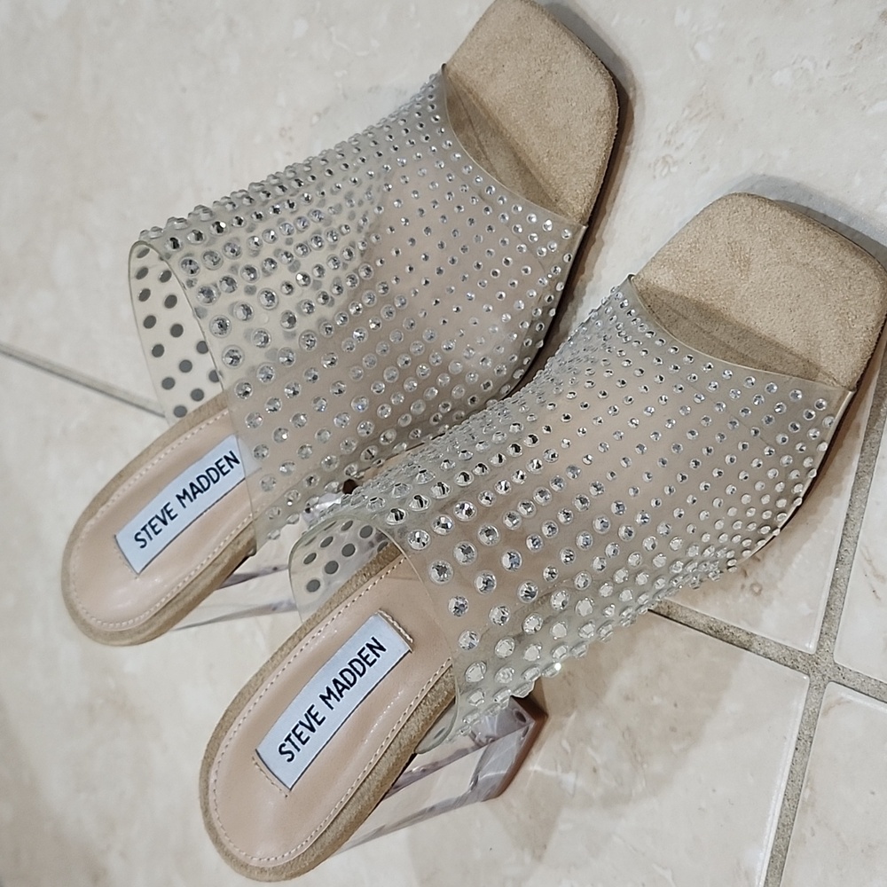 Steve Madden NICELY Women's Clear Heel Crystal Sandals